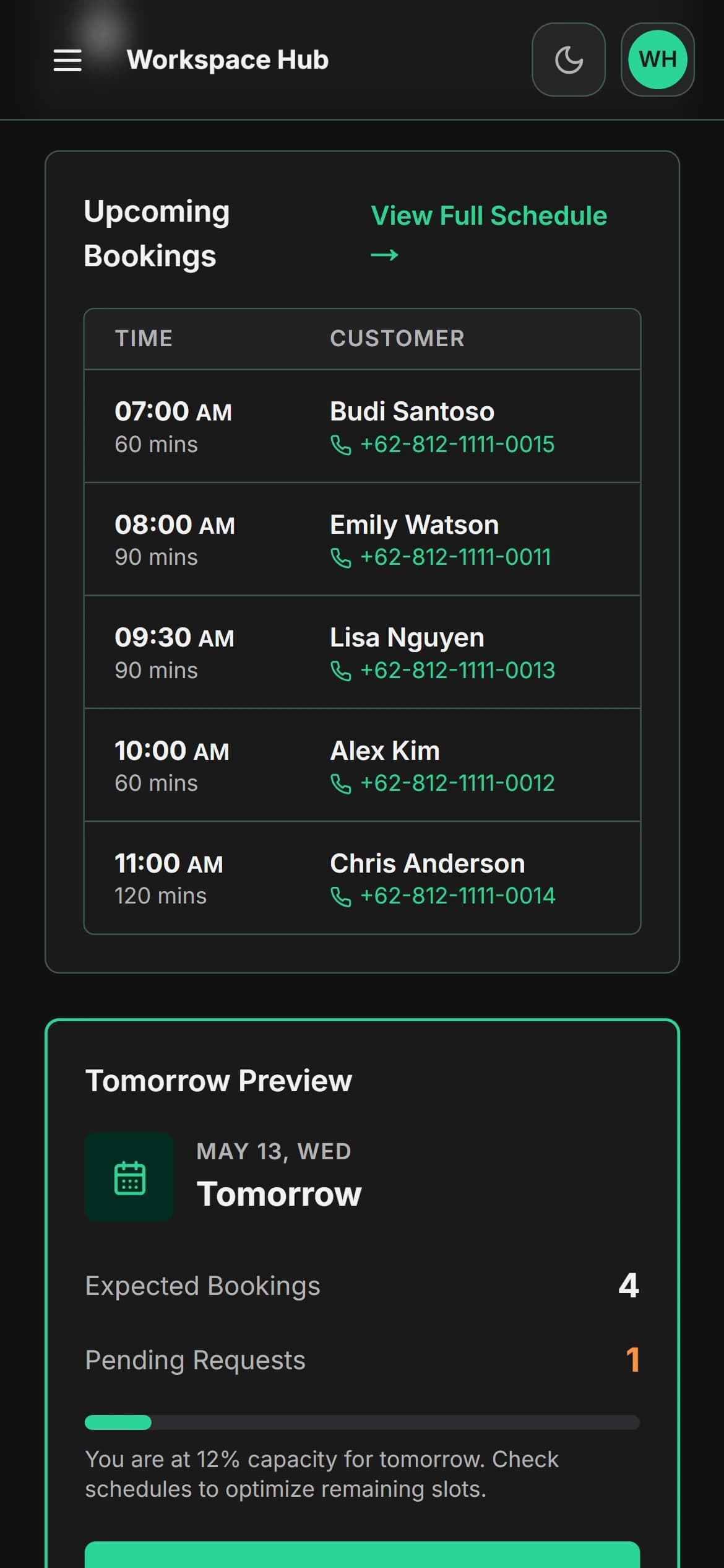 Customer booking screen