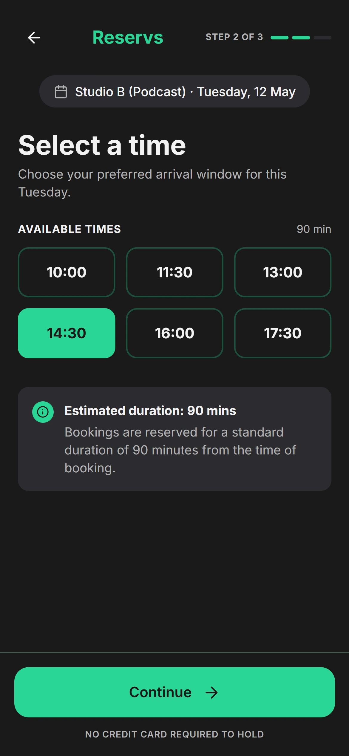 Customer booking page step 2