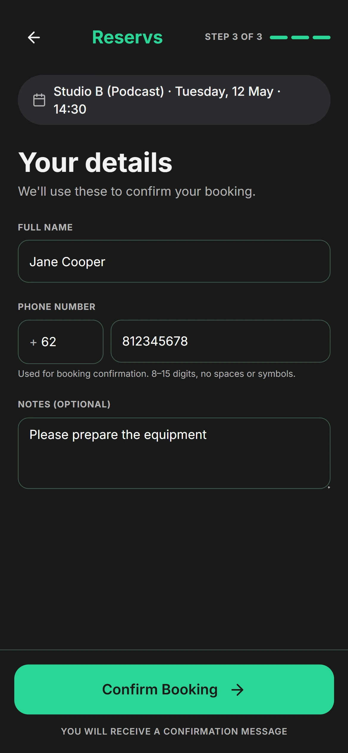 Customer booking page step 3